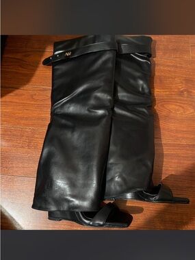 Black Tall Leather Boot open toe heels - Womens